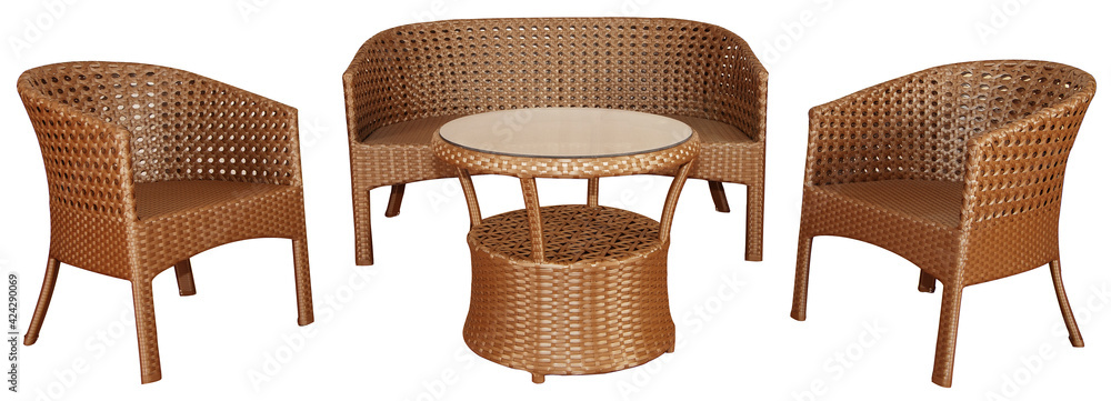 Brown rattan wicker furniture set. Outdoor or garden furniture. - obrazy, fototapety, plakaty 