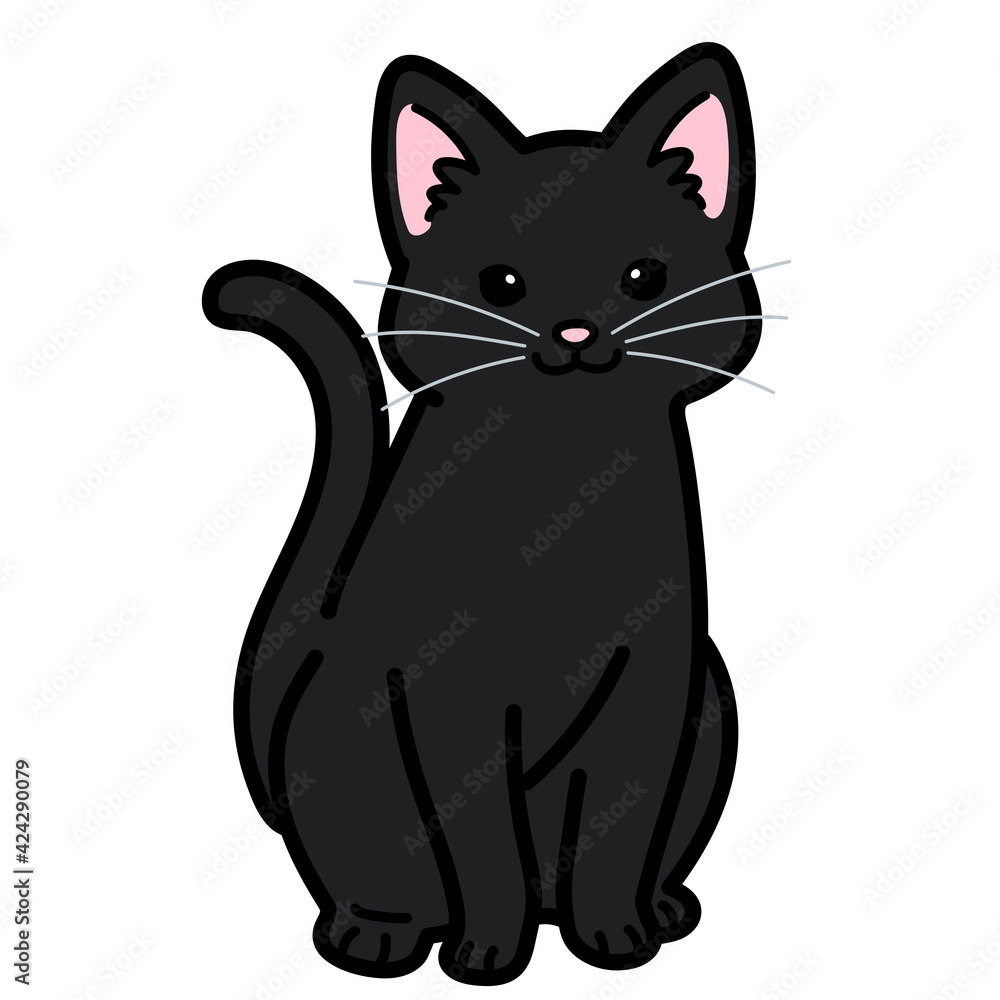 Fototapeta premium Simple and adorable black cat sitting in front view outlined