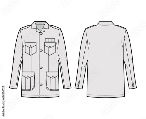 Safari jacket technical fashion illustration with oversized, long sleeve, flap pockets, button fastening, epaulettes. Flat coat template front, back, grey color style. Women men unisex top CAD mockup