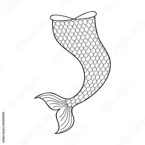 Hand drawn mermaid tail isolated on white background. Doodle element for sea party, greeting or invitation card. Design for clothing print. Outline vector illustration.