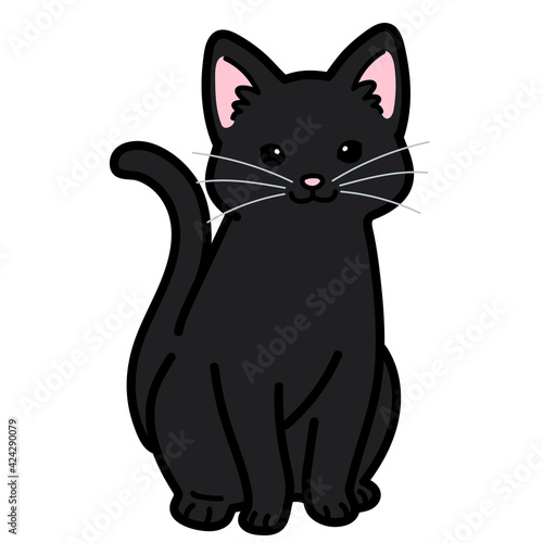 Simple and adorable black cat sitting in front view outlined