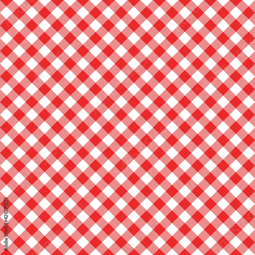 Diagonal gingham seamless pattern. Red and white squares background. Checkered texture for picnic blanket, tablecloth, plaid. Italian style textile, fabric geometric design. Vector flat illustration.