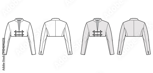 Spencer jacket technical fashion illustration with crop length, long sleeves, stand collar, button frog closure. Flat blazer template front, back, white, grey color style. Women, men unisex CAD mockup