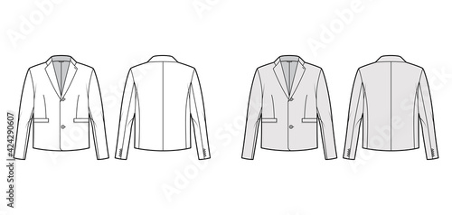 Single breasted jacket suit technical fashion illustration with long sleeves, notched collar, flap welt pockets. Flat coat template front, back, white, grey color style. Women, men, unisex CAD mockup