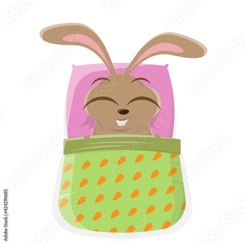 funny cartoon bunny in bed is sleeping