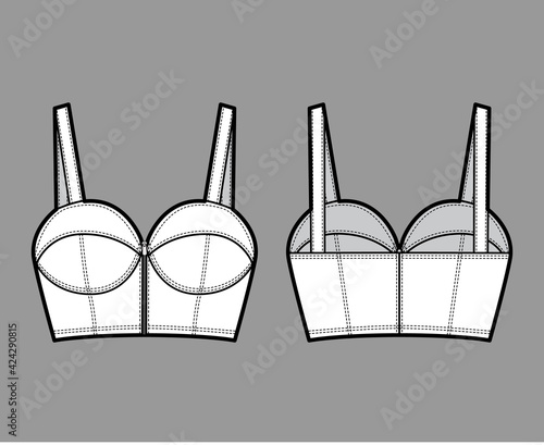 Denim bustier top technical fashion illustration with thin straps, zip-up closure, cups, slim fit, crop length. Flat bra template front, back, white color style. Women, men, unisex CAD mockup