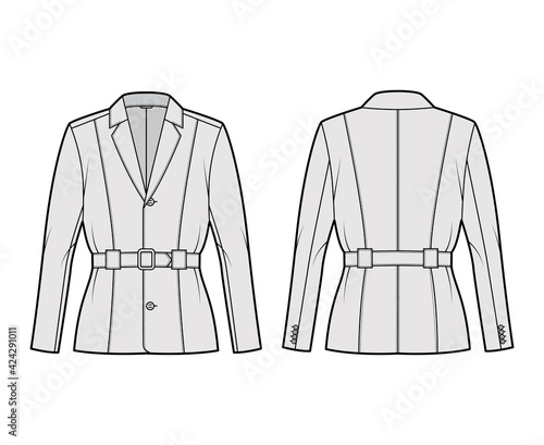 Belted jacket technical fashion illustration with belt, oversized, long sleeves, notched collar, button opening. Flat coat template front, back, grey color style. Women, men, unisex top CAD mockup