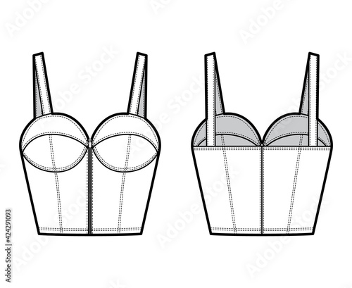 Denim bustier top technical fashion illustration with thin straps, zip-up closure, cups, slim fit, waist crop length. Flat bra template front, back, white color style. Women, men, unisex CAD mockup