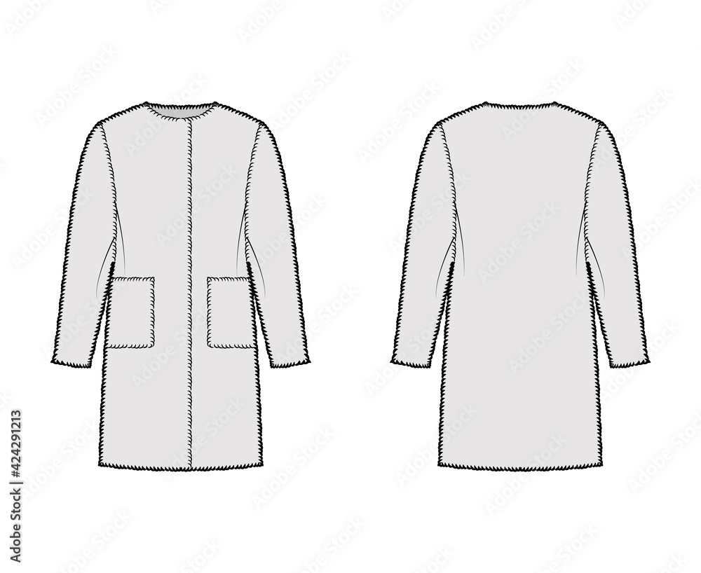 Teddy bear coat fur technical fashion illustration with long sleeves, oversized body, knee length, patch pockets. Flat jacket template front, back, grey color style. Women, men, unisex top CAD mockup Teddy bear coat fur technical fashion illustration with long sleeves, oversized body, knee length, patch pockets. Flat jacket template front, back, grey color style. Women, men, unisex top CAD mockup