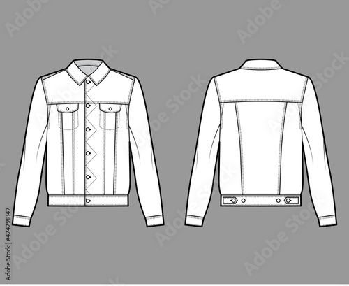 Stormrider denim jacket technical fashion illustration with oversized body, flap pockets, Shank button closure, long sleeves. Flat apparel front, back, white color. Women, men unisex CAD mockup