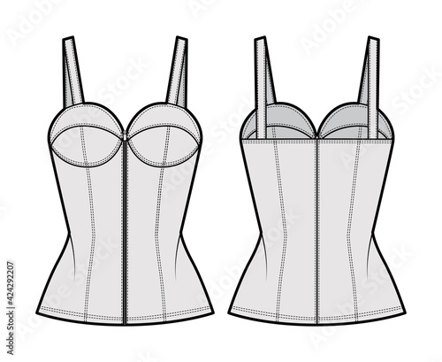 Denim corset top bustier technical fashion illustration with basque, thin straps, zip-up closure, cups, fitted body. Flat apparel template front, back, grey color style. Women, men, unisex CAD mockup