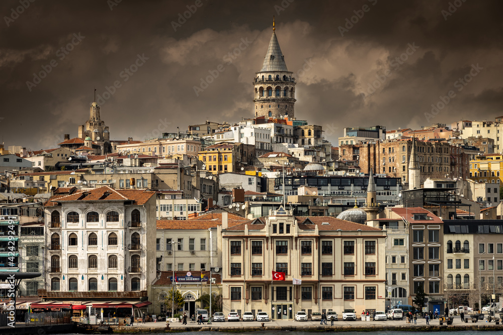 Istanbul skyline and Galata Tower on a cloudy day