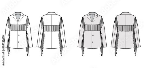 Western jacket technical fashion illustration with fringe, long sleeves, notched collar, button opening, yoke. Flat coat template front, back, white, grey color style. Women, men unisex top CAD mockup