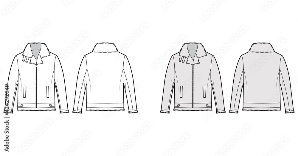 Fotografia Zip-up Bomber leather jacket technical fashion illustration with fur shearing, oversized, long sleeves, pockets