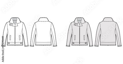 Zip-up Bomber leather jacket technical fashion illustration with fur shearing, oversized, long sleeves, pockets. Flat coat template front, back white, grey color style. Women men unisex top CAD mockup