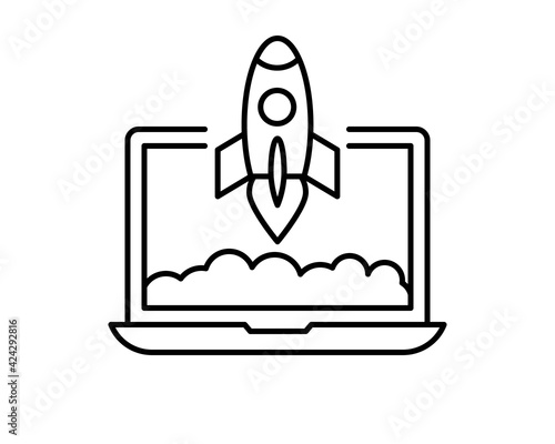 Concept rocket launch from laptop icon. Space rocket flying from notebook into space. Conceptual business startup symbol. Thin line icon on white background. Vector illustration.