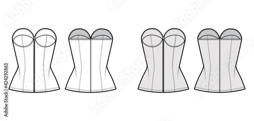 Denim corset top bustier technical fashion illustration with basque, strapless, zip-up closure, cups, fitted body. Flat apparel template front, back, white, grey color. Women, men, unisex CAD mockup