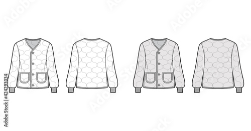 ALS 92 field jacket liner technical fashion illustration with long sleeves, oval patch pockets, Onion quilted shell. Flat coat template front, back white, grey color style. Women men unisex CAD mockup