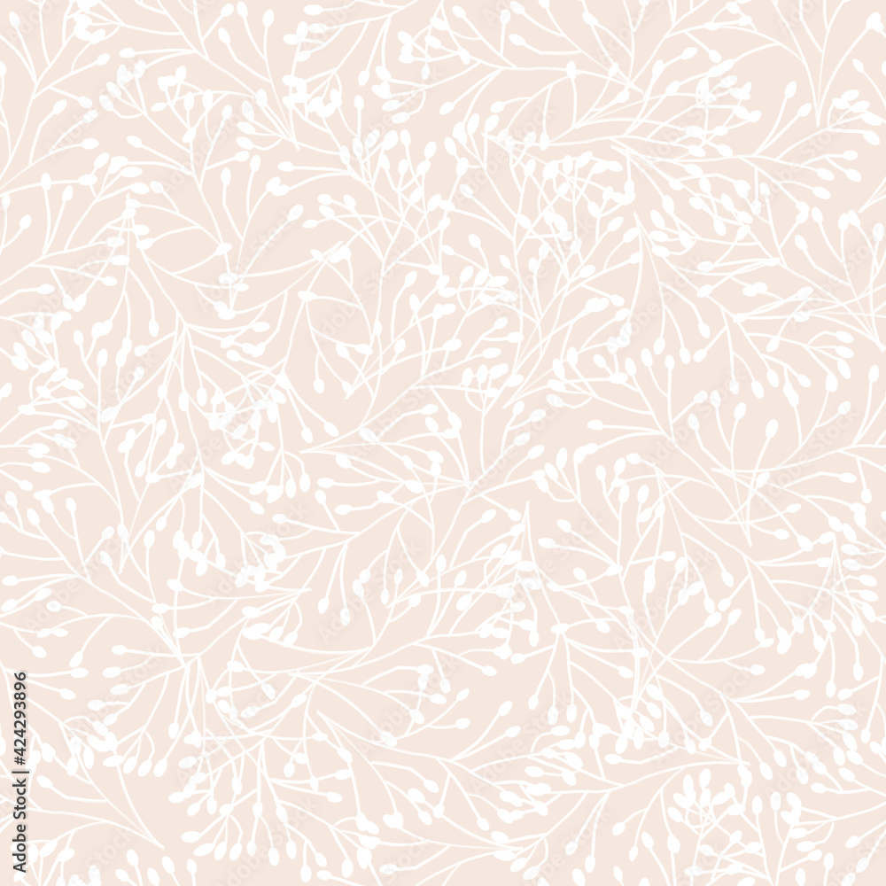 White beige seamless nature background from white hand drawn contour flowers. Repeating abstract nature texture for fabric, tiles, wallpaper. Dense floral surface pattern design