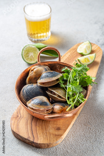 Raw uncooked clams vongole shells shellfish with ingredients for cooking coriandr, beer and lime in cooper bowl on gray background