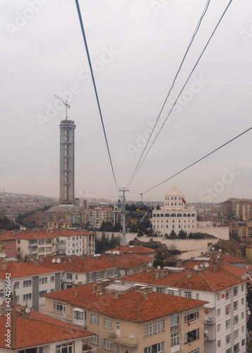 Ankara, Turkey - March 21 2021:  Kecioren district with Esztergom castle and cable car over the city photo