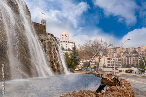 Ankara, Turkey - March 21 2021:  Kecioren district with Esztergom castle and artificial waterfall photo