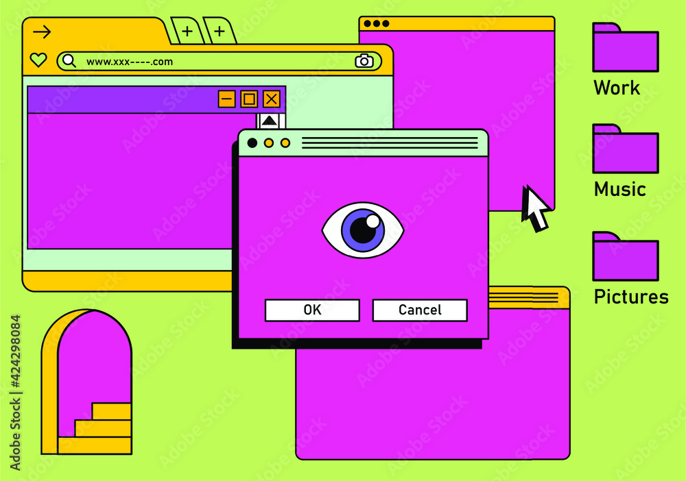 Obraz premium Retro vaporwave desktop with message boxes and user interface elements. A conceptual illustration of website and application programming.