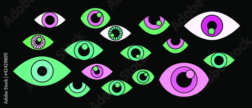 Many cartoon eyes stare out of the darkness. A conceptual illustration of paranoia, hallucinations and delusional perceptions.