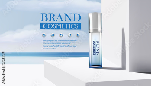 Beauty cosmetic product with abstract and sea background.cosmetics bottles mockup banner.3D vector illustration.