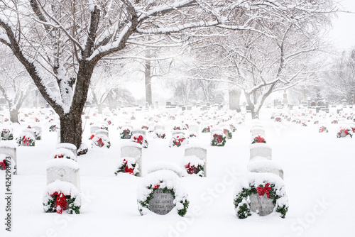 Yakima, Washington, Tahoma Cemetary, USA, December 17th, 2015; CAP participants placed beautiful christmas wreathes across all the buried soldiers graves at the Tahoma Cemetery in Yakima, Washingotn. photo