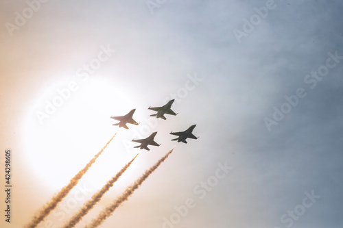 Canvas Print airplane in the sky sun set