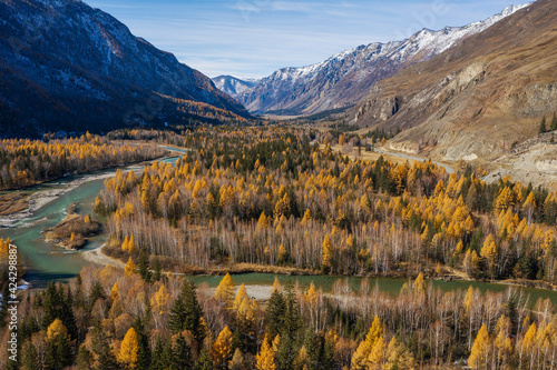 Altai mountains in autumn. Chuya river. Aerial view.