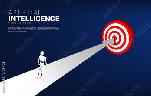 Robot standing on route to dartboard. concept of artificial intelligence and machine learning worker technology