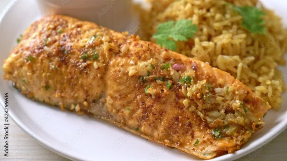 pan seared salmon tandoori with masala rice - muslim food style pan seared salmon tandoori with masala rice - muslim food style