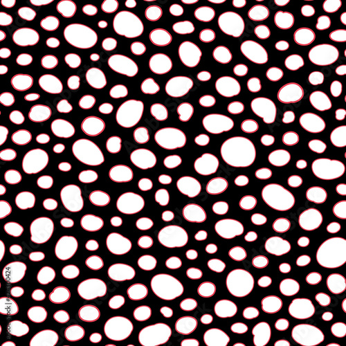 White and Red vector dots elements as seamless repeat pattern with black background. Circle all over print.