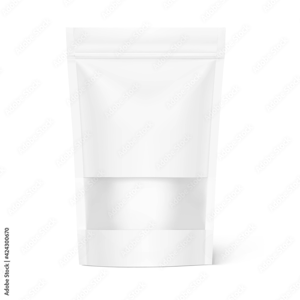 Pouch bag with ziplock and transparent window mockup on white background. Vector illustration. Front view. Can be use for template your design, presentation, promo, ad. EPS10. Pouch bag with ziplock and transparent window mockup on white background. Vector illustration. Front view. Can be use for template your design, presentation, promo, ad. EPS10.
