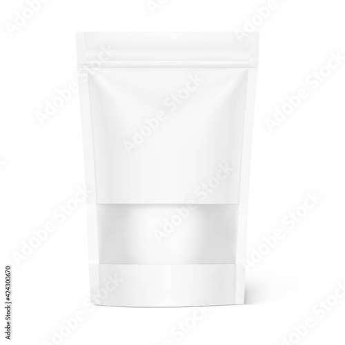 Pouch bag with ziplock and transparent window mockup on white background. Vector illustration. Front view. Can be use for template your design, presentation, promo, ad. EPS10.	