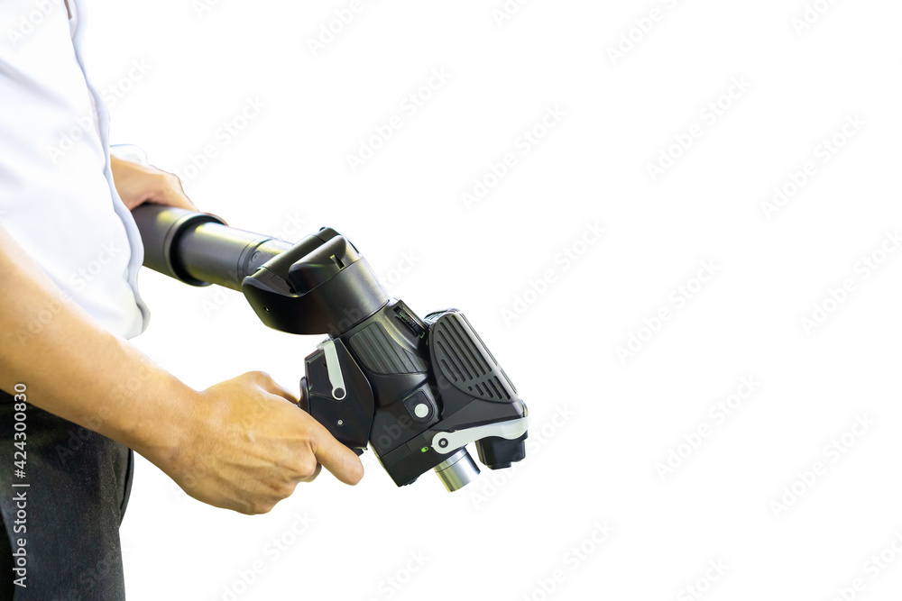 Man holding Portable gun scan or handheld 3d laser scan instrument of high technology and modern for measuring or reverse engineering industrial manufacture isolated with clipping path Man holding Portable gun scan or handheld 3d laser scan instrument of high technology and modern for measuring or reverse engineering industrial manufacture isolated with clipping path