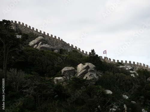 Panorama view of medieval historic moorish castle ruins fortress of Castelo dos Mouros in Sintra Lisbon Portugal Europe photo