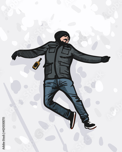 A young homeless bearded and mustachioed drunk man in a winter coat, hat and gloves lies in the snow next to a bottle of whiskey. Vector illustration, top view.Alcoholism and addiction concept. EPS 10