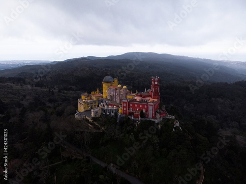 Картината върху платно Aerial panorama of red yellow romanticist hilltop castle Palacio Nacional da Pen