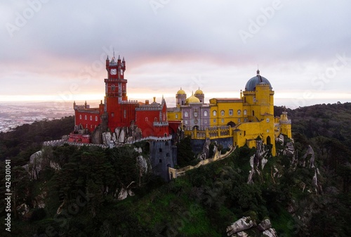 Фотография Aerial panorama of red yellow romanticist hilltop castle Palacio Nacional da Pen