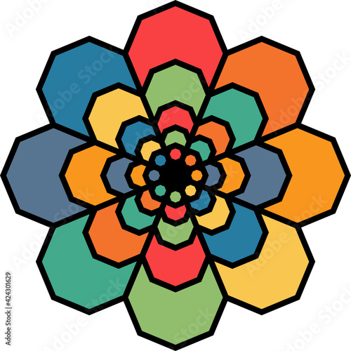 Hexágonos de colores y borde negro creando una flor