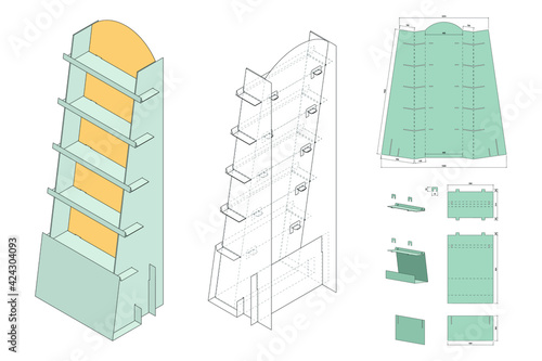 Box for Standard Display of Media. Few Basic Modules made from Corrugated Cardboard . Simple Plug-in System. Supermarket Shelves. Three-Dimensional Laser Cutting Template. Product Advertising. 