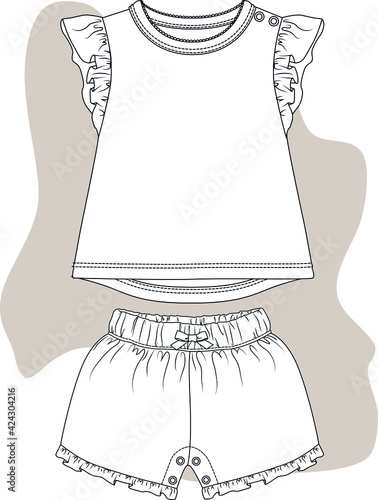 Baby Girl Outfit Set Design. Baby Dress design template vector flat sketch. Baby Pants and Dress design for girls.