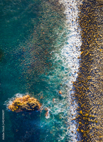 Aerial view of a rocky beach, Ribeira da Janela, Madeira Island, Portugal.