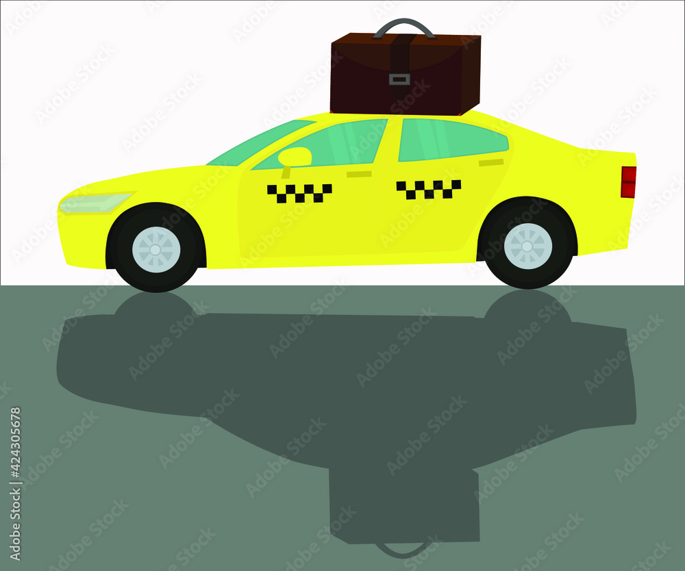 Fototapeta premium A yellow taxi with a suitcase on the roof. Business concept.