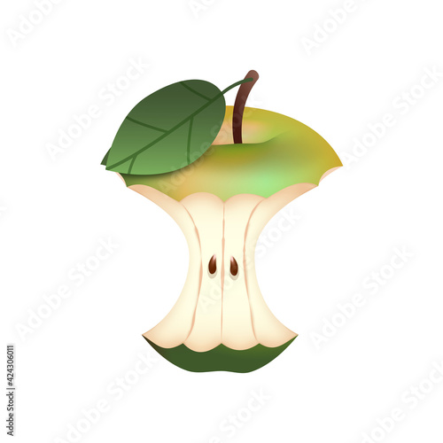 Jabłko - ogryzek. Ilustracja zielonego ogryzionego jabłka z listkiem i pestkami na białym tle.