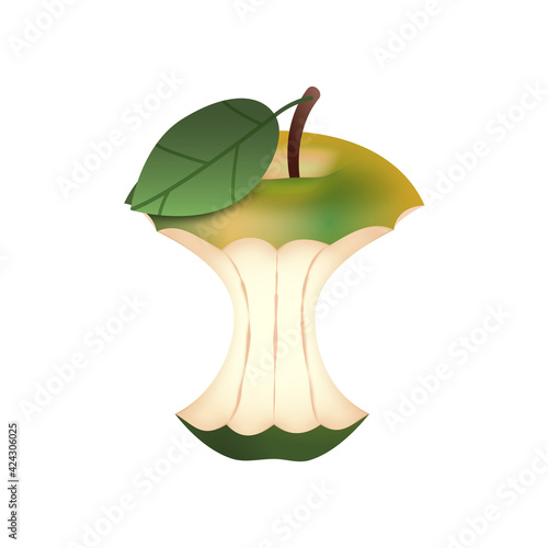 Jabłko - ogryzek. Ilustracja zielonego ogryzionego jabłka z listkiem na białym tle.