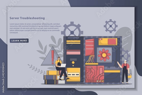 Flatline design style Server troubleshooting landing page illustration. Computer lab, system administration, troubleshooting. Computer Troubleshooting Fixing Service. Vector illustration 